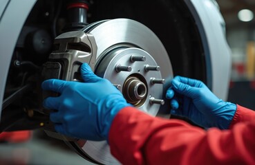 Mechanic replacing brake pads on vehicle. Hands in blue gloves holds car brake disc. Auto repair service, wheel maintenance. Workshop, automotive industry, tech work. Safety, check, car maintenance,