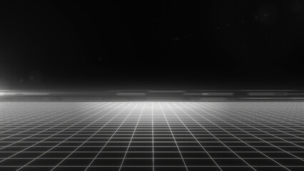 A black and white digital grid landscape with a minimalist futuristic design and a dark atmosphere background