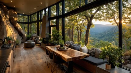 Fototapeta premium Modern open-concept living and dining area with expansive floor-to-ceiling windows showcasing a breathtaking view of a lush forested valley and distant mountain range bathed in warm golden sunset ligh