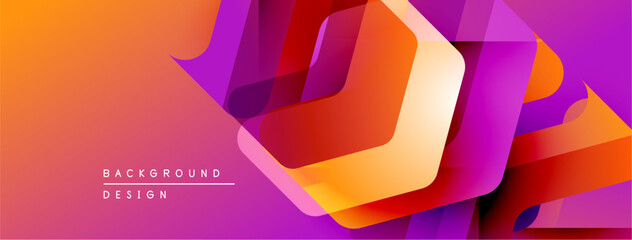 Abstract geometric design. Vibrant gradients blend orange, purple, red. Overlapping shapes create dynamic visual texture. Modern background element.