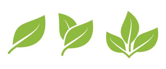 Green leaf icons. Simple leaves symbol set. Transparent PNG and vector illustration.