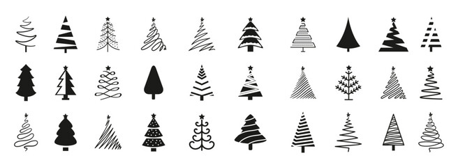 Christmas tree logo collection. Pine, spruce tree icon for Christmas and New Year holiday. Set of various Christmas tree silhouettes vector illustration