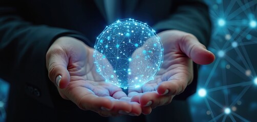 Hands holding glowing blue polygonal futuristic metaverse sphere. Business global network connections. Digital world of communication, innovation, technology, global internet, blockchain, cloud