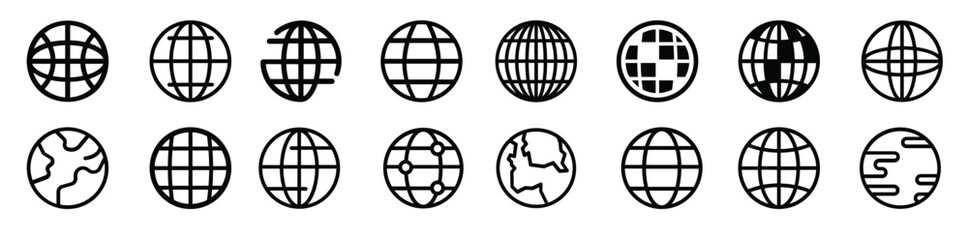 Globe icons. Set of different planet icons. Simple web signs. Black globe icons vector illustration