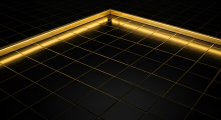 Glossy black tiles with raised brass inlays under sharp directional lighting, casting bold reflections in a luxe, contemporary arrangement.