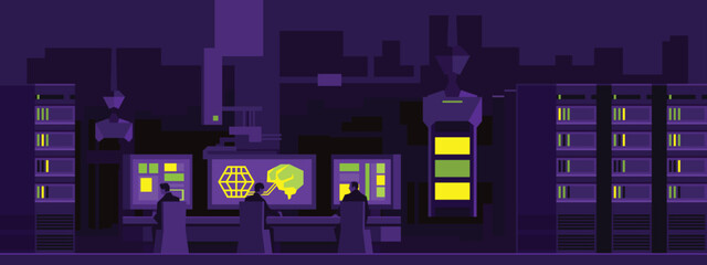 Futuristic server room with operators working at AI and data processing terminals.