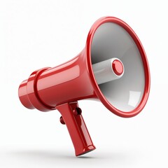 Red megaphone isolated on white background. Loudspeaker for announcement advertising promotion news. Communication, attention, speaker, volume. Marketing concept, speech, announce discount.