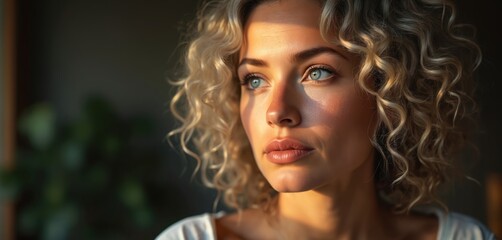 Fototapeta premium Woman with curly blonde hair. Attractive girl with striking blue eyes gazes thoughtfully. Indoor soft lighting golden hour. Beauty, casual look, serene, relaxed, warm, calm, inviting atmosphere.