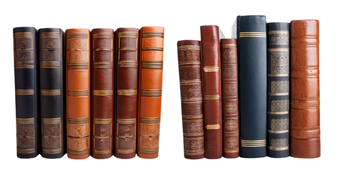 A collection of vintage leather-bound books arranged neatly for display.