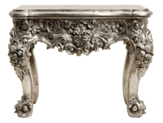 Ornate baroque console table with elaborate hand carved rococo scrollwork acanthus leaves and floral motifs in aged silver finish, transparent background. 