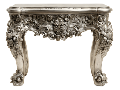 Ornate baroque console table with elaborate hand carved rococo scrollwork acanthus leaves and floral motifs in aged silver finish, transparent background. 