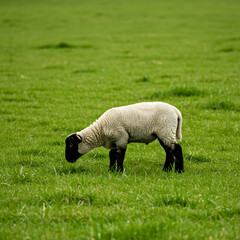Obraz premium Pastoral Scene: Lamb Grazing in Lush Green Pasture