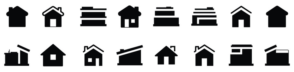 Home building icons in black. Set of simple house signs. Home construction icons. Real estate symbol collection. Black house icons vector illustration