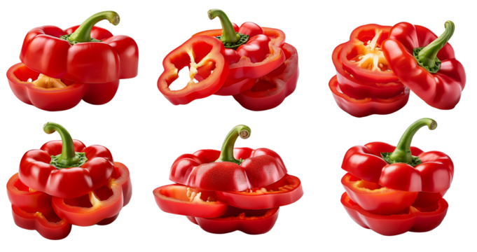 Fresh red bell peppers sliced and arranged artistically for vibrant culinary use.