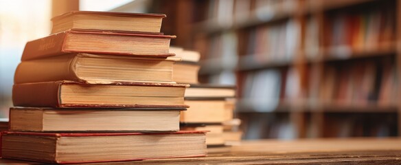The stack of vintage books on a wooden desk in a cozy library setting.