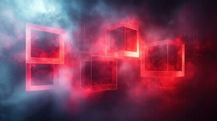 Abstract Digital Background with Floating Geometric Shapes and Smoke