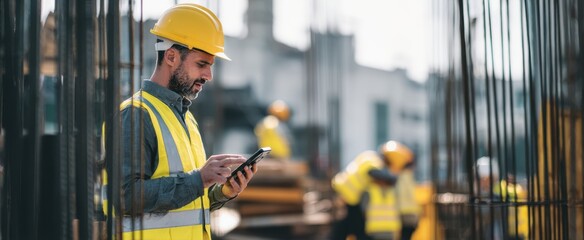 The construction worker using a smartphone on a busy construction site.