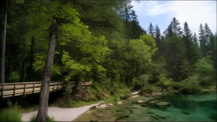 Serene view of crystal-clear stream winding through lush green forest with rocks, trees, and plants creating a peaceful scenery