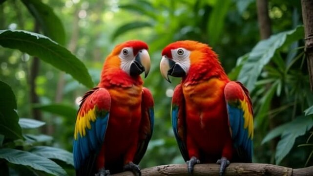 Two scarlet macaws perched on a branch surrounded by lush green foliage in a tropical setting