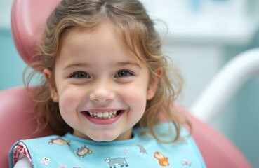 Little girl smiles confidently, showing milk teeth in dentist office. Child sitting in dental chair prepared for checkup. Healthy teeth, preventive dentistry. Pediatric, oral health care. Early