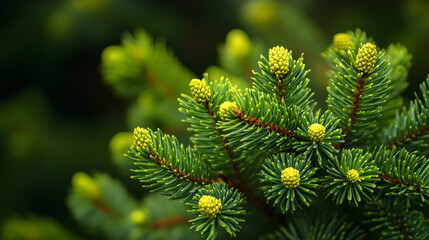 Close-up of a Pine Tree Branch with Young Buds and Needles