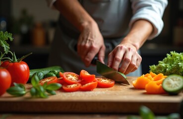 Chef slices fresh vegetables on wooden board. Cook cuts tomatoes cucumber, bell pepper. Healthy organic ingredients for salad or recipe. Kitchen utensil, vibrant colours, top view.
