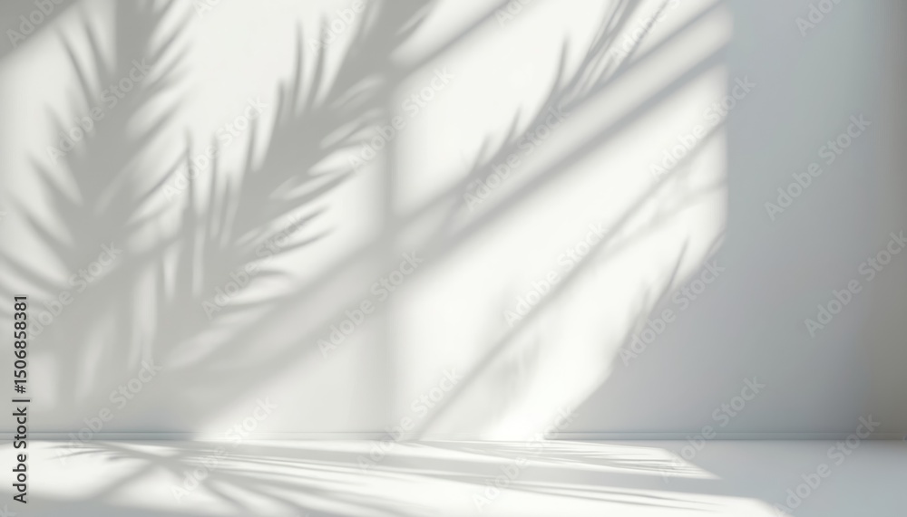 Poster abstract studio background with sunlight shadows. white walls, floor for product presentation. empty