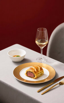A plate of beef wellington with gold cutery and a glass of white wine.