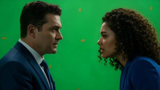 Cinematic Two People Staring At Each Other Against a Green Screen