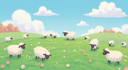 Obraz premium Charming Illustration of Sheep Grazing in a Sunny Meadow