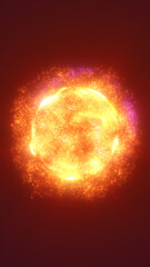 Exploding glowing particles forming a fiery orb, with bursts of orange and violet light in a cosmic environment