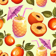 Colorful seamless pattern with pineapple drinks, sliced peaches, tomatoes, and cocktail umbrellas, ideal for summer-themed packaging, digital backgrounds, textiles, or prints