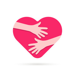 human hands hugged tightly big pink heart