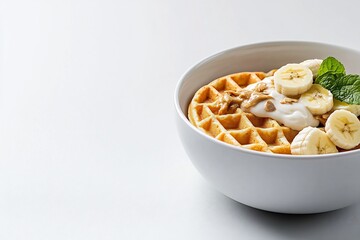 **Whole Grain Waffles With Almond Butter And Banana Slices, Styled Natural And Healthy On White --Ar 3:2 --V 6.1 --S 250 --P G8Gxrjv** - @Darya (Relaxed)