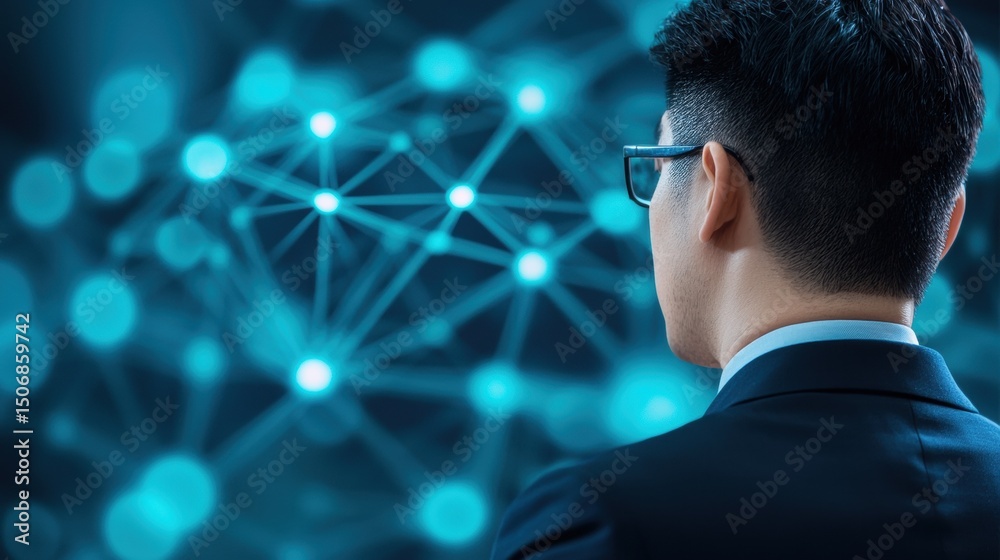 Poster expertise cybersecurity expert analyzing network vulnerabilities on a digital display.