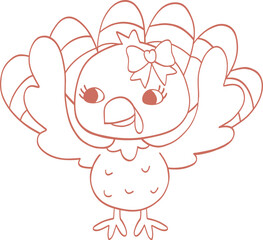 Thanksgiving Turkey Coquette Cartoon Outline Illustration