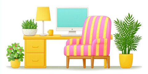 a 2d flat vector of a home office with a monitor coffee cup plant and lamp on white background