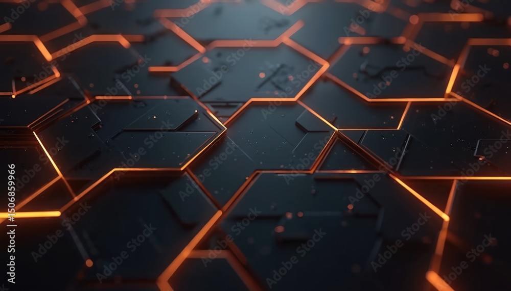 Poster Abstract tech background with hexagonal steel structure and orange neon light. Modern dark digital design for business card template. Geometric pattern with futuristic tech elements and innovation.