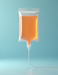 Bright orange intravenous bag with clear liquid against soft blue background. Modern medical illustration, hospital, clinic theme. Saline drip system, health care, blood transfusion, patient