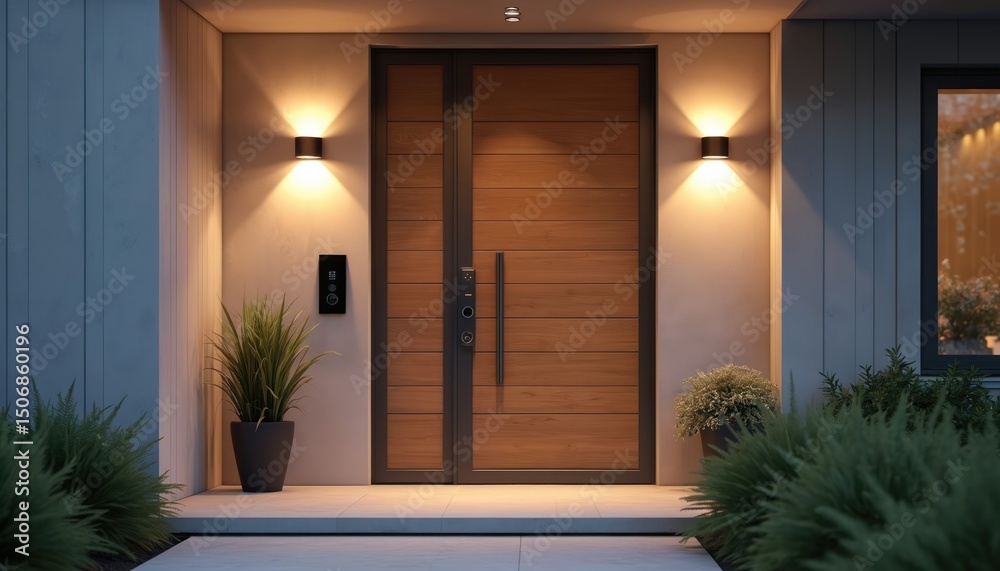 Poster Modern home entrance featuring smart door lock video doorbell automated lighting system controlled remotely. Advanced home security. Automated tech home automation. Smart home technology.