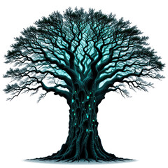 Sprawling bioluminescent baobab tree, thick trunk with intricate patterns glowing in teal, entire tree, isolated png transparent background