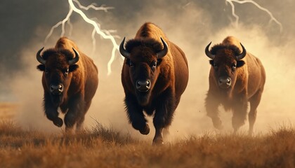 Three buffalo thunder across North American prairie. Bison stampede, raising cloud dust storm. Wildlife charging under lightning strikes, western nature. Wild west concept, fauna.