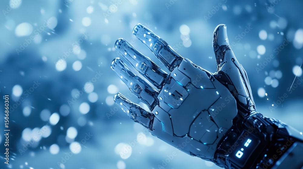 Wall mural tech cybernetic hand interacting with an advanced digital control panel.