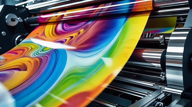 Colorful ink swirling on printing press, vibrant liquid patterns, industrial machinery, glossy paper rolling, modern print production scene