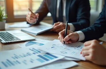 Business team discuss financial statistics with charts graphs. Businessmen analyze data, reviewing financial report, calculating budget, planning strategy. Finance concept, teamwork, investors