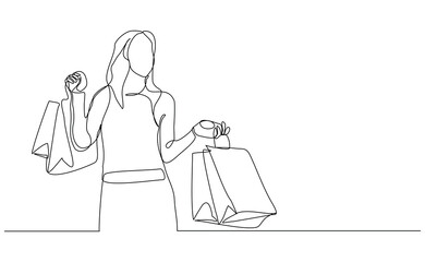 Continuous singe one line drawing art of happiness woman holding paper shopping bags. Vector illustration of shopper big sale consumerism sketch editable stroke