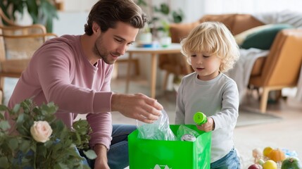 Father and son sorting recyclable materials together in a modern home on a sunny day