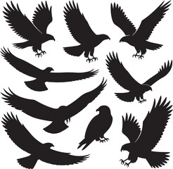 Black Silhouette Vector Set of 10 Birds of Prey in Dynamic Poses