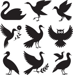 Black Vector Silhouette Set of 10 Elegant and Decorative Bird Poses