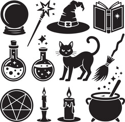 Black and White Silhouette Bundle of 10 Magical and Witchcraft Elements